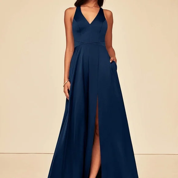 Azazie | Dresses | Navy Stretch Satin Dress With Pockets | Poshmark
